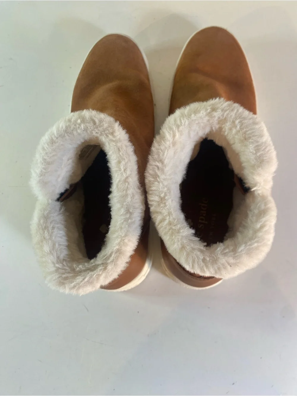 Kate Spade Harper Gingerbread Suede Winter Sneakers Plush White Faux Fur Lining